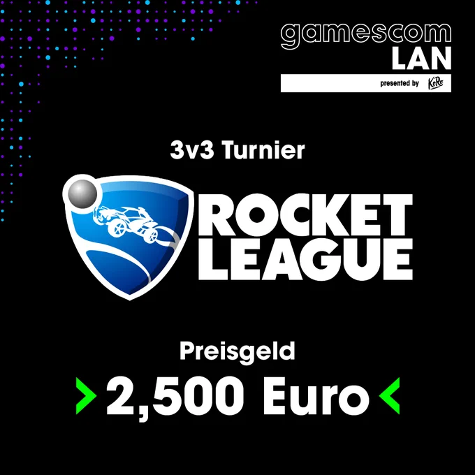 Ein Bild mit den Informationen: 3 gegen 3 Rocket League Turnier der gamescom LAN presented by KoRo mit 2500 Euro Preisgeld