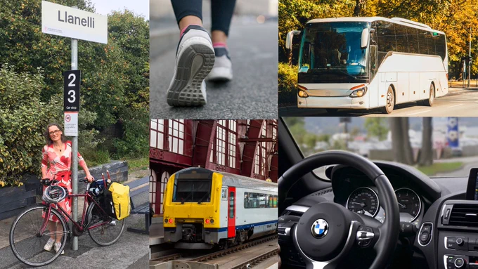Llun composit: Traed yn cerdded, Sylvia a’i beic yng nggorsaf trenau Llanelli, bws, tren, car