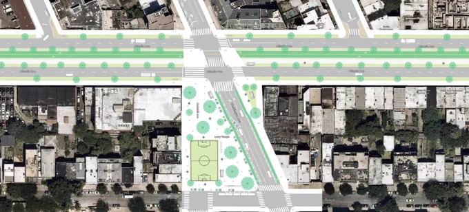 rendering of atlantic avenue with bike infrastructure and plazas