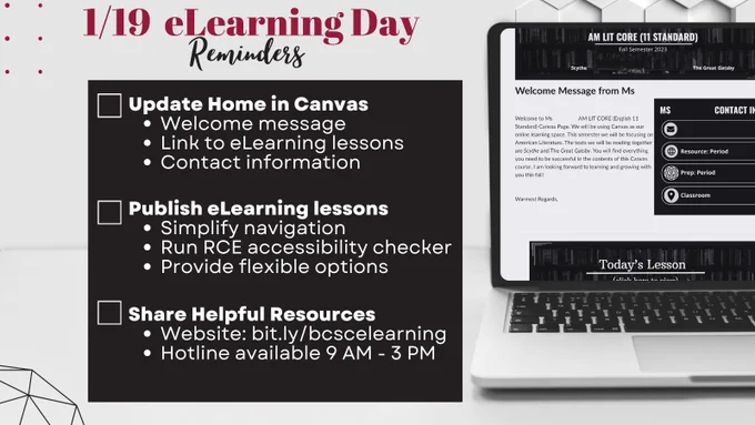 eLearning day reminders to update home page, publish lessons, and share help guides with students