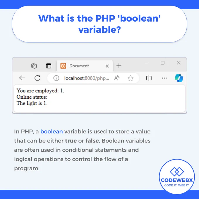 👍What is the PHP 'boolean' variable?👍

1/5. Purpose: Store values that can be either true or false.
2/5. Usage: Used in conditional statements and logical operations.
3/5. Representation: Represented by the keywords true and false (case-insensitive).
4/5. Declaration: Use the dollar sign ($) followed by the variable name.
5/5. Example: $isLogged = true;

In PHP, a boolean variable is used to store a value that can be either true or false. Boolean variables are often used in conditional statements and logical operations to control the flow of a program. In PHP, the keywords true and false (case-insensitive) represent the boolean values.