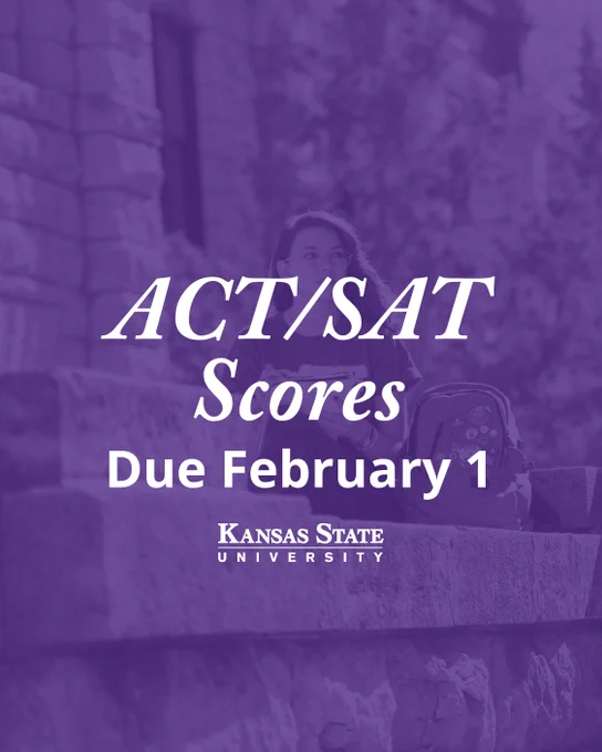Purple overlay graphic with text tat reads "ACT/SAT Scores Due February 1" with a photo of a student studying outside. 