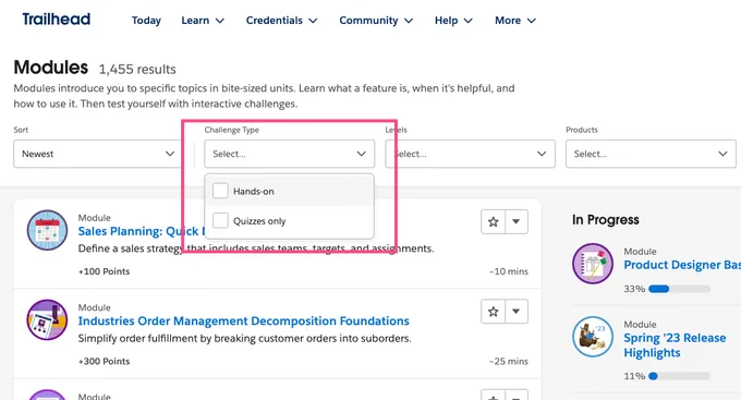 Screenshot of Trailhead that shows a new "Challenge Type" filter, with the option to filter on hands-on or quiz. 
