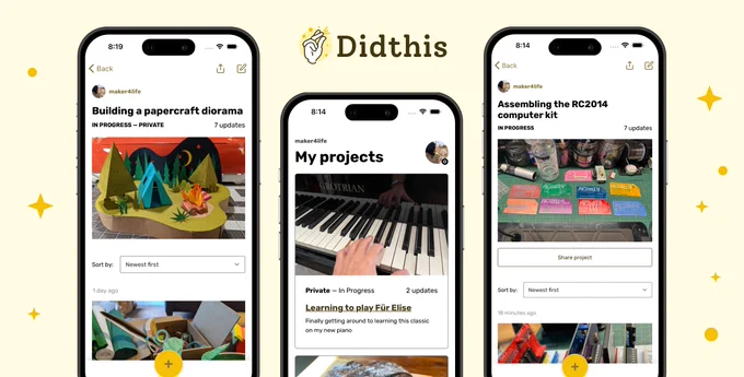 Three phone screens displaying a preview of the Didthis mobile app experience.