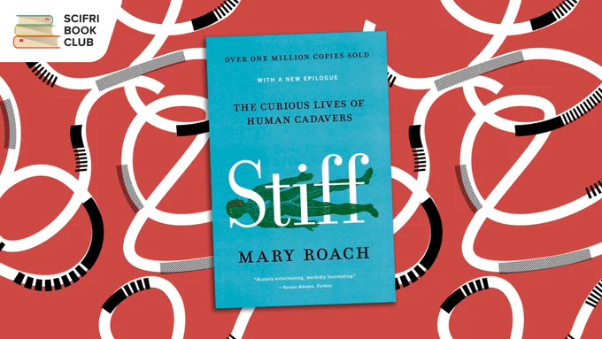 The book cover of STIFF by Mary Roach in the middle, with an illustrated background featuring a flat red color with white swirling lines and black textured details. The logo for the SciFri Book Club in the top left corner.