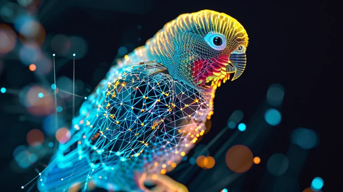 This vivid image represents a digital parakeet, its plumage adorned with bright and diverse colours. Each "feather" on the parakeet represents a unique member of the stmDAO community. As the digital bird soars, the collective brilliance of the community forms a dazzling display, symbolizing the collaborative strength within the stmDAO ecosystem. The vibrant colours of the parakeet's feathers convey the dynamic and lively nature of the community, creating a visual representation of the decentralized brilliance that defines stmDAO.