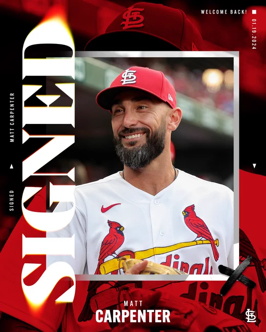 Graphic of Cardinals infielder Matt Carpenter, signed to a one-year contract for the 2024 season