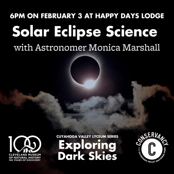 Graphic for the "Cuyahoga Valley Lyceum Series: Exploring Dark Skies" program includes a photo of a solar eclipse over clouds, the program title, date, location, and partner logos.