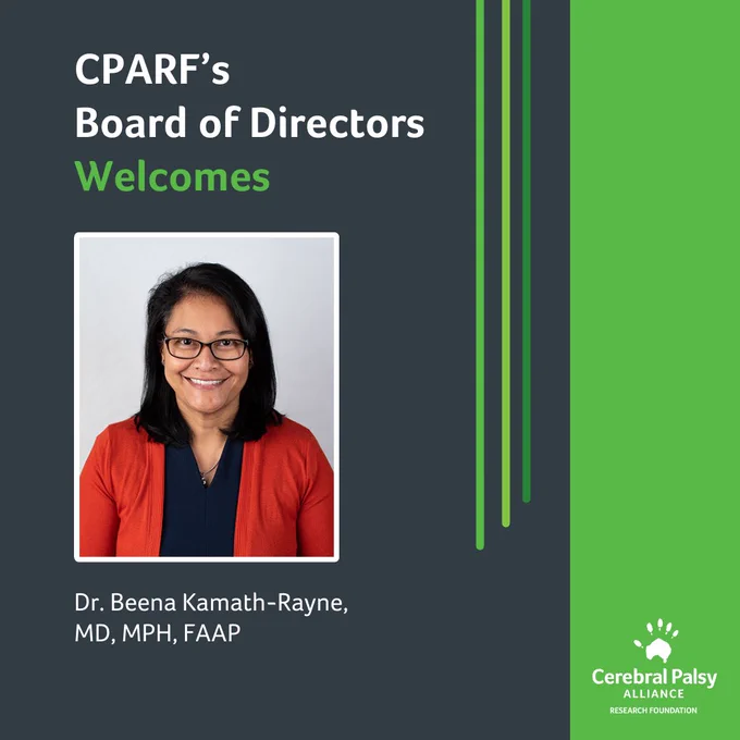 a portrait photo of a woman smiling with "CPARF's Board of Directors welcomes Dr. Beena Kamath-Rayne.