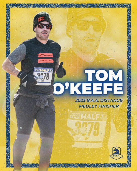 Yellow graphic of Stride for Stride founder and 2023 B.A.A. Distance Medley finisher, Tom O’Keefe