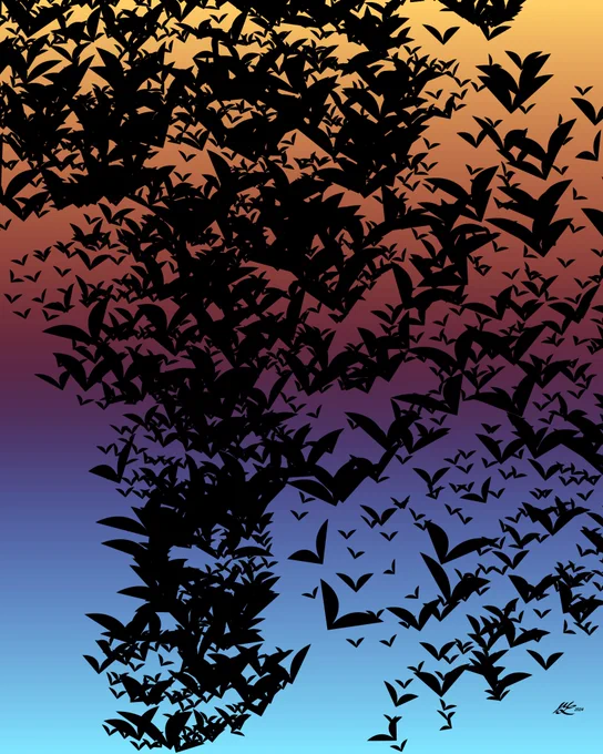 Dense skeins of bats, black against sunset colours, flit across the sky. So many bats. Bats and bats and bats.

Colophon: The gradient is "managua"; the bats are arranged in in a power fade along rotated smooth meanders.