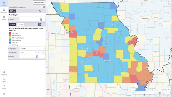 Map showing different winter weather risk by county in Missouri; Very high-risk counties are in red, whereas very low risk counties are in dark blue. 
