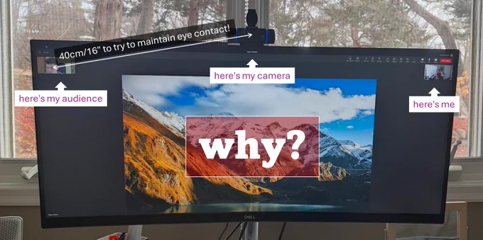 photo of two people on a Zoom call on an ultra wide monitor with captions to explain the camera vs. video feed issue.