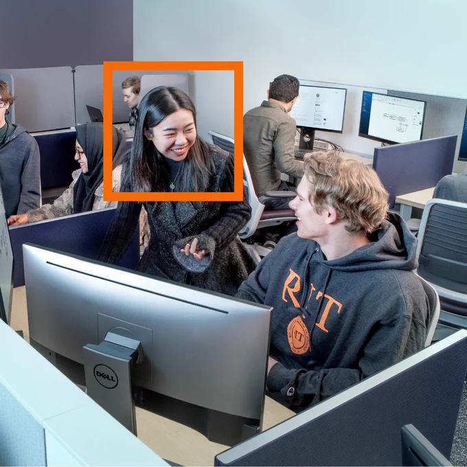 Jiangnan Xu (highlighted in orange square frame) oversees a group of students working within the Niantic x RIT Geo Games and Media Lab