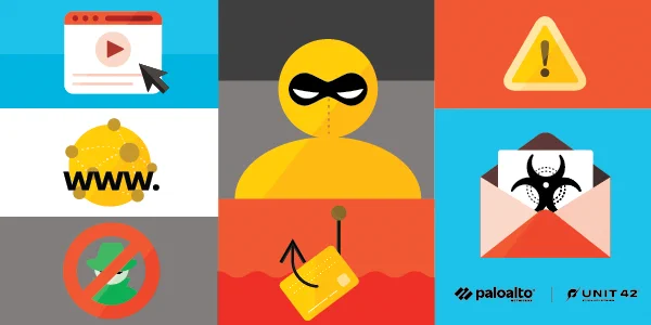 A visual representation of Parrot TDS landing scripts. Icons representing warning signs, links, malicious emails, phishing and threat actors. The Palo Alto Networks and Unit 42 logos. 