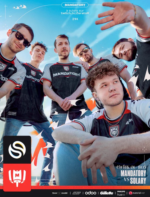 Photo des joueurs Mandatory VALORANT portant le maillot MDR.

Il est écrit par dessus la photo "Week 01 - BO3, Mandatory VS Solary" & "A suivre sur twitch.tv/ZeratoR à 21h"