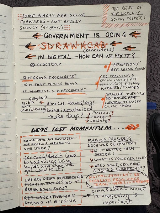 Sketchnote from a session called ‘Government is going backwards in digital - how can we fix it?’ Thoughts include: is it going backwards or is it that teams in-house are doing things differently? Making progress depends on the context of your organisation and that digital shouldn’t be separate from other teams (for too long)