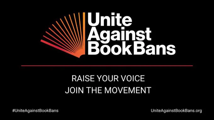 On a black background is the Unite Against Book Bans logo and the text: Raise your voice. Join the movement. #UniteAgainstBookBans. UniteAgainstBookBans.org.