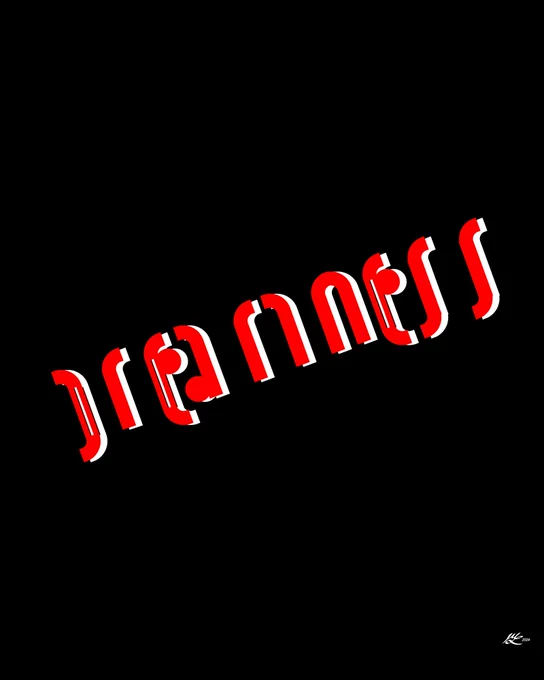 The word "dreariness" in red on black with a white drop-shadow. The font is formed from smooth rectangular curves and nesting circles. The kerning is non-existing creating bad spacing.