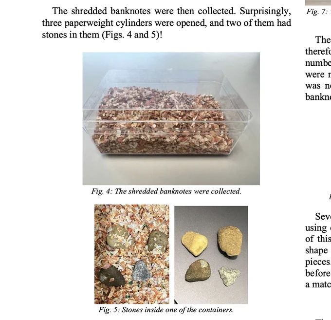 A screenshot from the paper, it reads "The shredded banknotes were then collected. Surprisingly, three paperweight cylinders were opened, and two of them had stones in them". Three pictures follow.