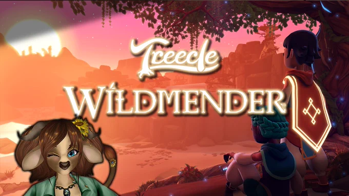 A simple graphic showing the Treecle character in the left corner (she is a Tauren - a cow-person) and a pink/orange hued image from the Wildmender game, with both the Treecle and Wildmender logos in the centre.