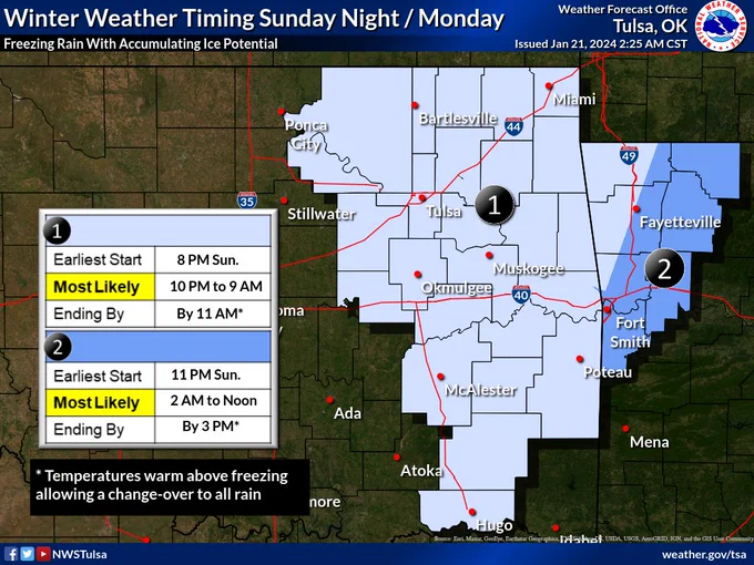 Map of freezing rain timing across eastern Oklahoma and northwest Arkansas. Freezing rain begins Sunday night and ends Monday morning through Monday afternoon.
