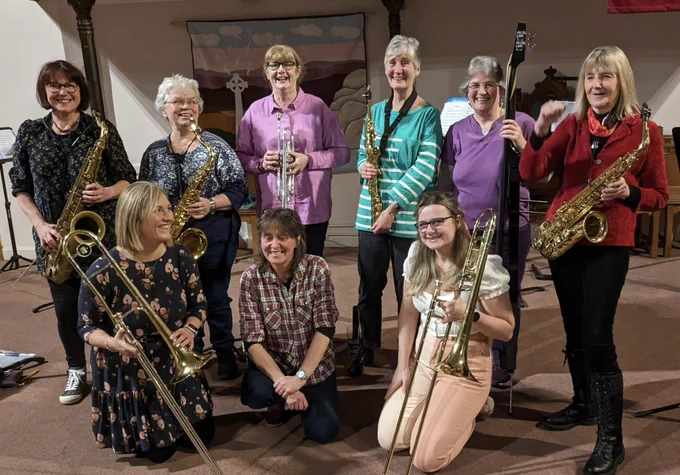 Elbow Room women’s band, all smiles - very very pleased with last performance at United Reformed Church- v good venue!