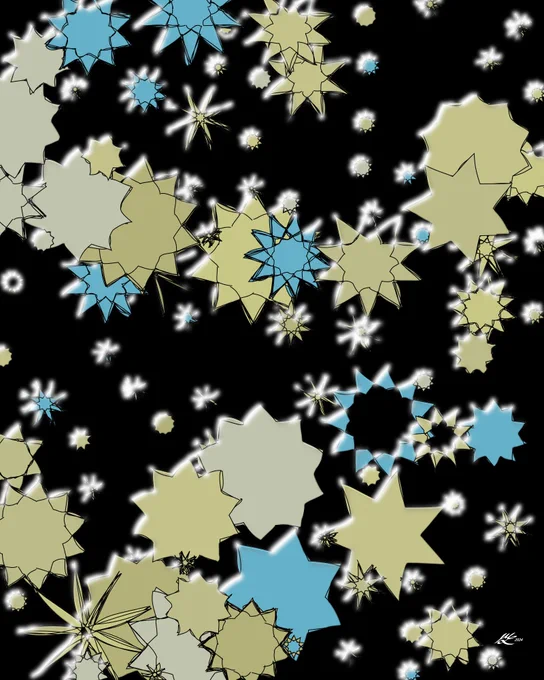 A plethora of stars with varying numbers of points, pointiness, and crossings, rendered in a hand-sketched style in soft blue and green pastels over a black background. A strong glint effect is applied, giving us the vibe of sparkling falling snow.