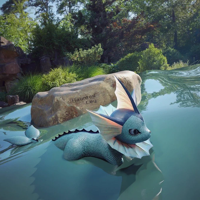 Water dog Pokémon Vaporeon swimming through a pond