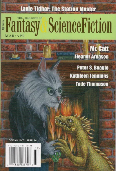 2nd image is the March April 2023 cover of F&SF featuring illustration for Eleanor Arnason's "Mr. Catt" story with a cat and dragon. 