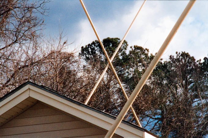 Garner water tower reinforcing wires. Garner North Carolina, USA. First time using the new Harmon Phoenix 200 ISO film.  Shot at EI 125.  NikonFM2, Nikon Series E 28, 50, & 135mm lenses.  