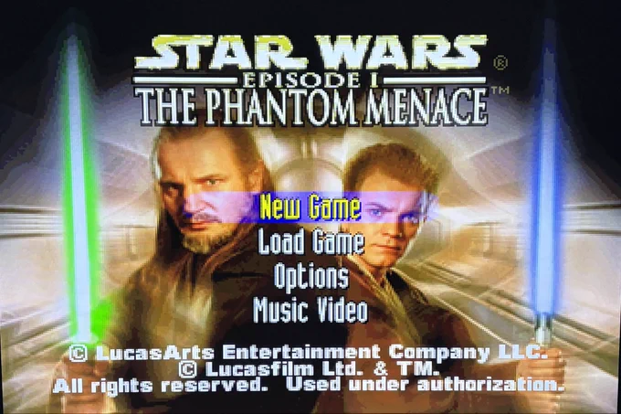 Screenshot of the start menu for Star Wars Episode 1 The Phantom Menace, a Playstation 1 masterpiece.