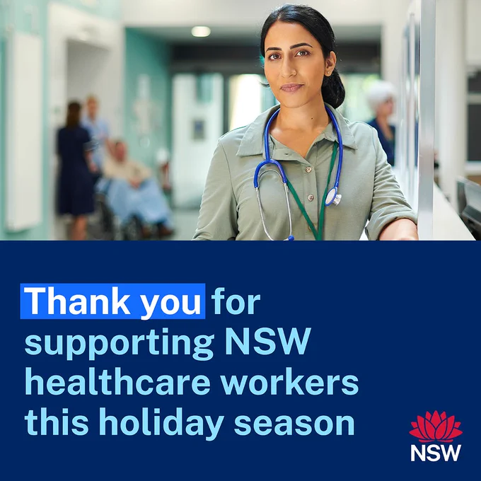 A healthcare worker smiling. Text on image reads: Thank you for supporting NSW healthcare workers this holiday season.