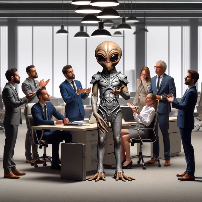 An alien in an office setting is trying to communicate with some frustrated humans.
