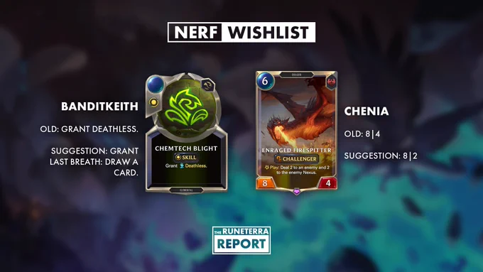 Suggested changes for Chemtech Blight and Enraged Firespitter from BanditKeith and (Worlds Runner Up) Chenia.