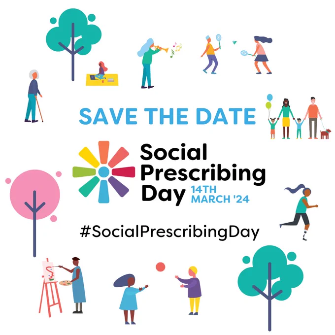 Graphic of people taking part in activities in a circle around the words: Save the Date, Social Prescribing Day 14th March '24 #SocialPrescribingDay