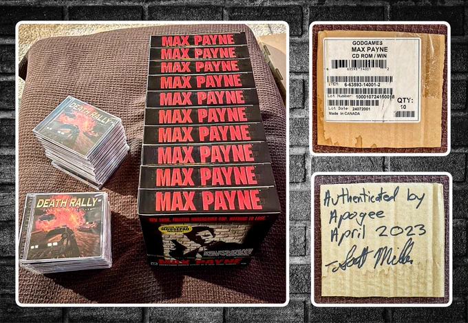 10 Max Payne pristine boxes next to 2 stacks of Death Rally Jewel Case CDs. In another image, you see a vintage Max Payne label from a shipping box, with ‘Authenticated by Apogee April 2023’ on the other side of the cardboard, signed by Apogee & 3D Realms founder Scott Miller