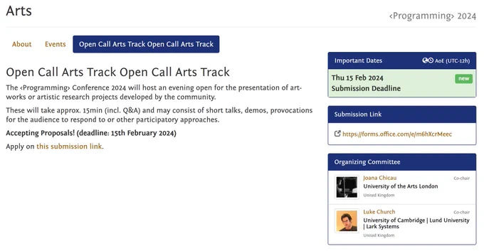 Screenshot of Art track webpage. The displayed deadline is February 15th, 2024. The website also contains the submission link: https://forms.office.com/e/m6hXcrMeec