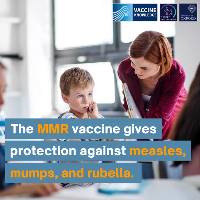 An image of a child with their teacher.  The overlayed text reads "The MMR vaccine gives protection against measles, mumps, and rubella"