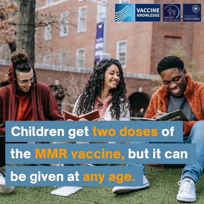 An image of three young adults sitting outside. The overlayed text reads "Children get two doses of the MMR vaccine, but it can be given at any age".