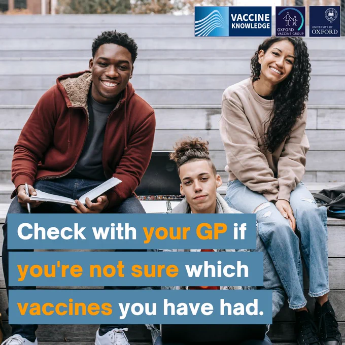 An image of three young adults, with overlaying text that reads "Check with your GP if you're not sure which vaccines you have had". 