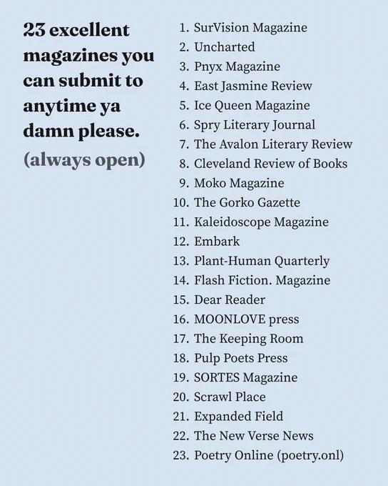 23 excellent magazines you can submit to anytime ya damn please.
(always open)
1. SurVision Magazine
2. Uncharted
3. Pnyx Magazine
4. East Jasmine Review
5. Ice Queen Magazine
6. Spry Literary Journal
7. The Avalon Literary Review
8. Cleveland Review of Books
9. Moko Magazine
10. The Gorko Gazette
11. Kaleidoscope Magazine
12. Embark
13. Plant-Human Quarterly
14. Flash Fiction. Magazine
15. Dear Reader
16. MOONLOVE press
17. The Keeping Room
18. Pulp Poets Press
19. SORTES Magazine
20. Scrawl Place
21. Expanded Field
22. The New Verse News
23. Poetry Online (poetry.onl)