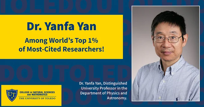 Dr. Yanfa Yan, Distinguished University Professor in the Department of Physics and Astronomy and Ohio Research Scholar Chair, listed among Clarivate’s 2023 Highly Cited Researchers.