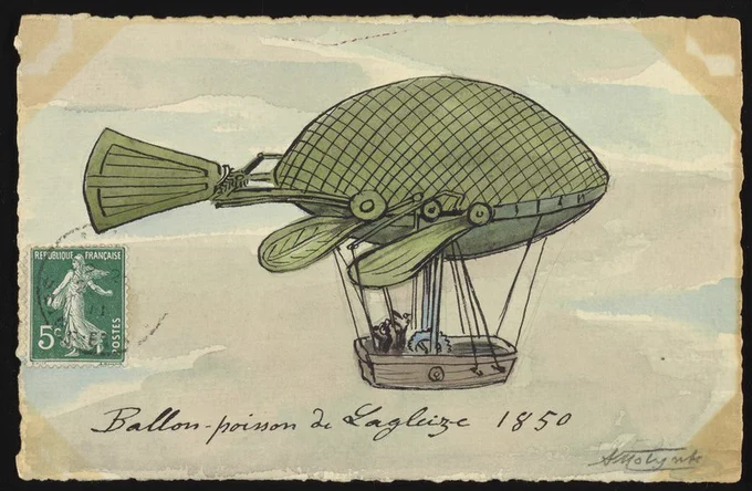 carte postale ancienne avec un dirigeable fantaisiste, un timbre "Semeuse" vert à 5c dans l'angle inférieur gauche