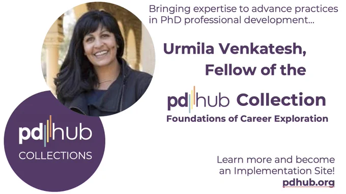 Bringing expertise to advance practices in PhD professional development… Urmila Venkatesh, Fellow of the PD Hub Collection: Foundations of Career Exploration. Learn more and become
an Implementation Site! pdhub.org