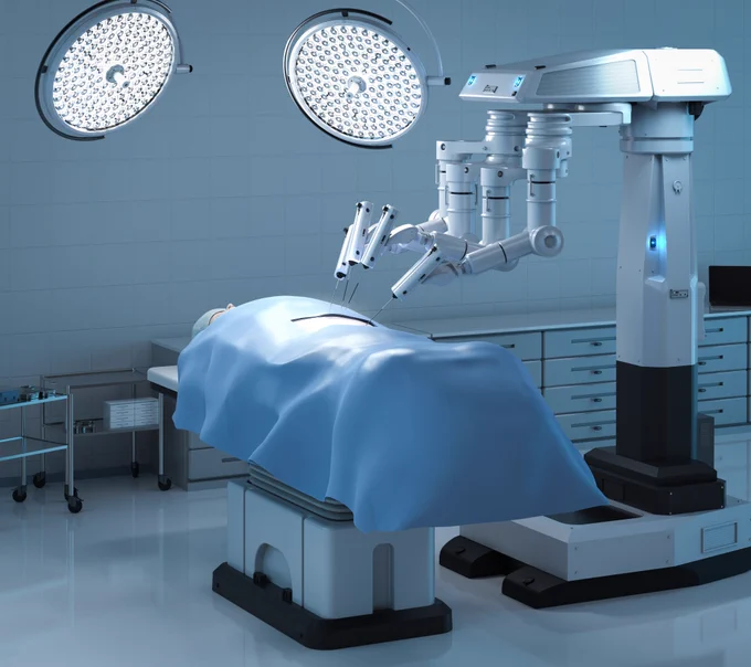 Surgical robots in a high-tech operating theatre, performing a surgical procedure on a person covered in a blue surgical blanket