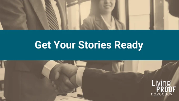 Photo of two people shaking hands with the copy, "Get Your Stories Ready."