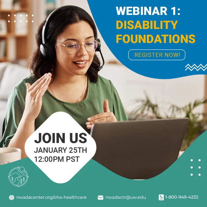 A woman wearing glasses and headphones is presenting in front of her laptop
