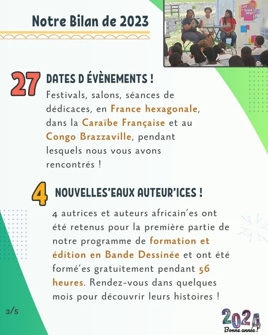 Slide 3 
Notre bilan de 2023

27 dates d'évènements 
Festivals, salons, séances de dédicaces, en France hexagonale, dans la Caraïbe Française et au Congo Brazzaville, pendant lesquels nous vous avons rencontrés ! 

4 nouveaux, nouvelles auteur'ices
4 autrices et auteurs africain’es ont été retenus pour la première partie de notre programme de formation et édition en Bande Dessinée et ont été formé’es gratuitement pendant 56 heures. Rendez-vous dans quelques mois pour découvrir leurs histoires !