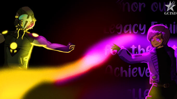 This futuristic image includes a black background with purple lettering on the right side of the image. It reads, “Honor our Legacy, Equip for the Future, Achieve Excellence.” A gold-plated robot figure stands on the left side of the image, facing the center with his hand outstretched toward the middle of the image. A person with purple hair, eyes, and a jacket stands on the right side of the image, facing the center with their hand outstretched toward the middle. An energetic wave flows between them, changing from gold to purple as it moves from left to right.